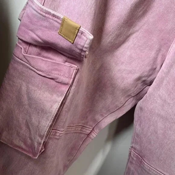 HOMME + FEMME LA distressed flare cargo jeans w/straps washed LIGHT PINK - Picture 8 of 9